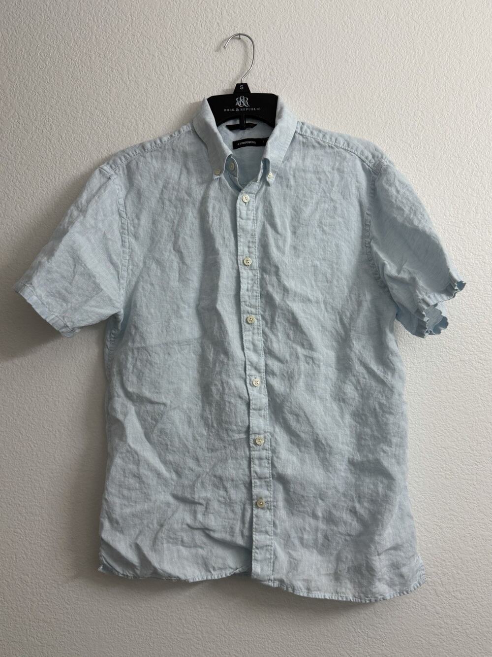 J Lindeberg Elio Linen Shirt Mens M Blue Short Sleeve Golf